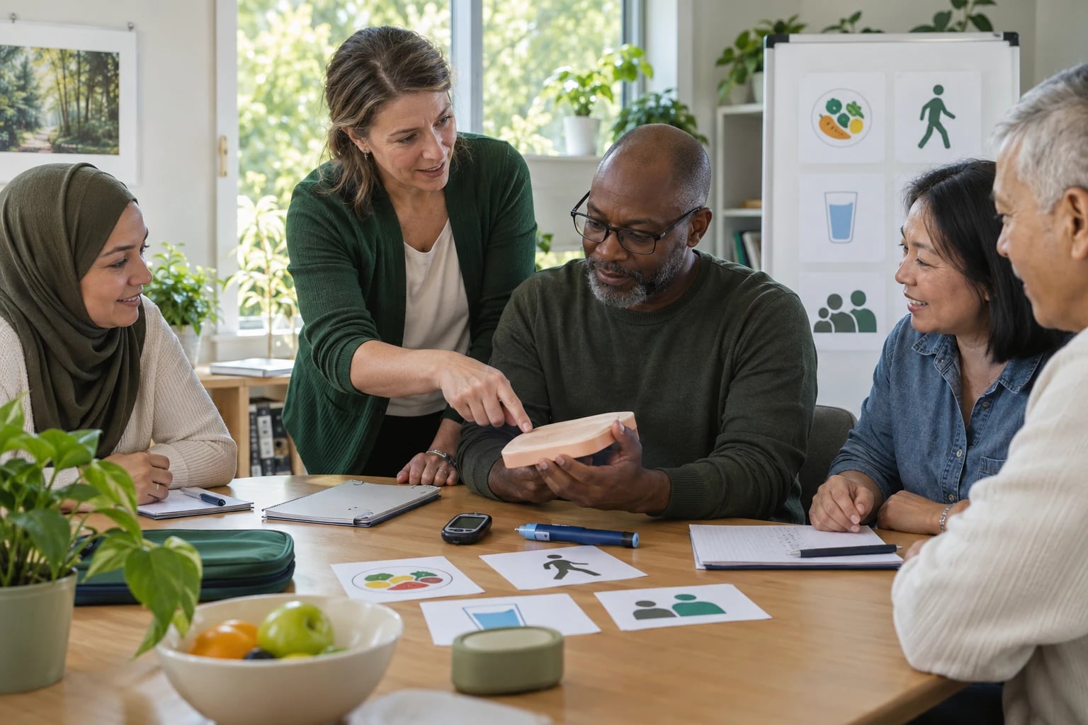 group education session using a demonstration injection pad and glucose meter