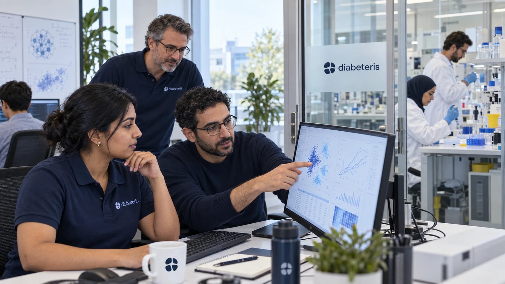 Workplace scene: software engineers and scientists in branded navy shirts reviewing example data beside a glass-partitioned laboratory with researchers