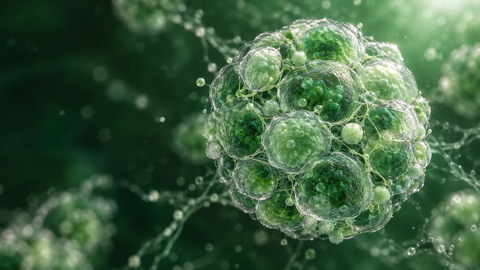 Conceptual translucent green cell cluster illustrating the biological focus of diabetes research