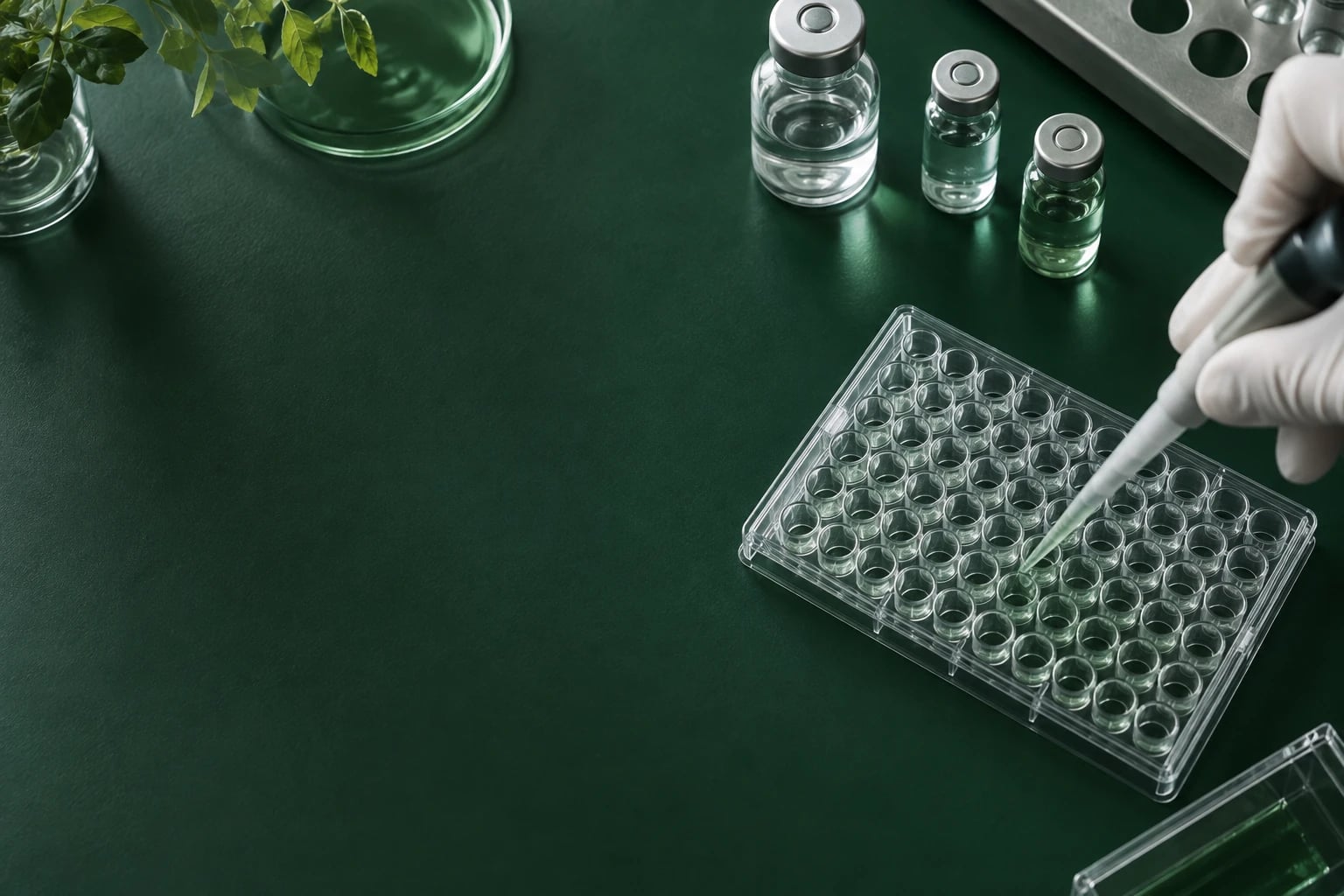 Conceptual laboratory still life with a pipette, microplate and glass sample vials