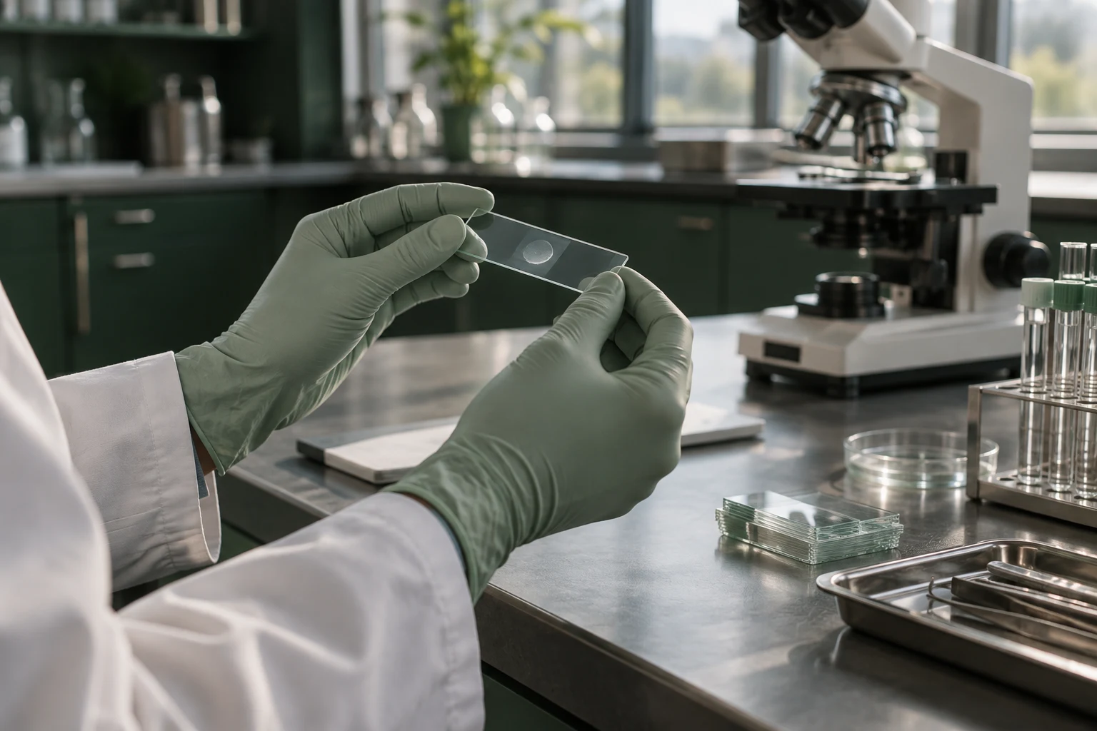 Conceptual laboratory scene with gloved hands examining a glass slide beside a microscope