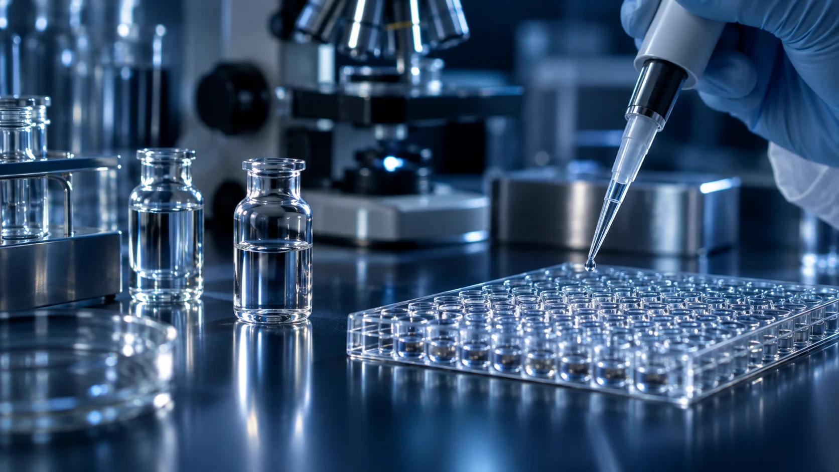 laboratory illustration of a pipette above a clear microplate beside glass sample vials and a microscope