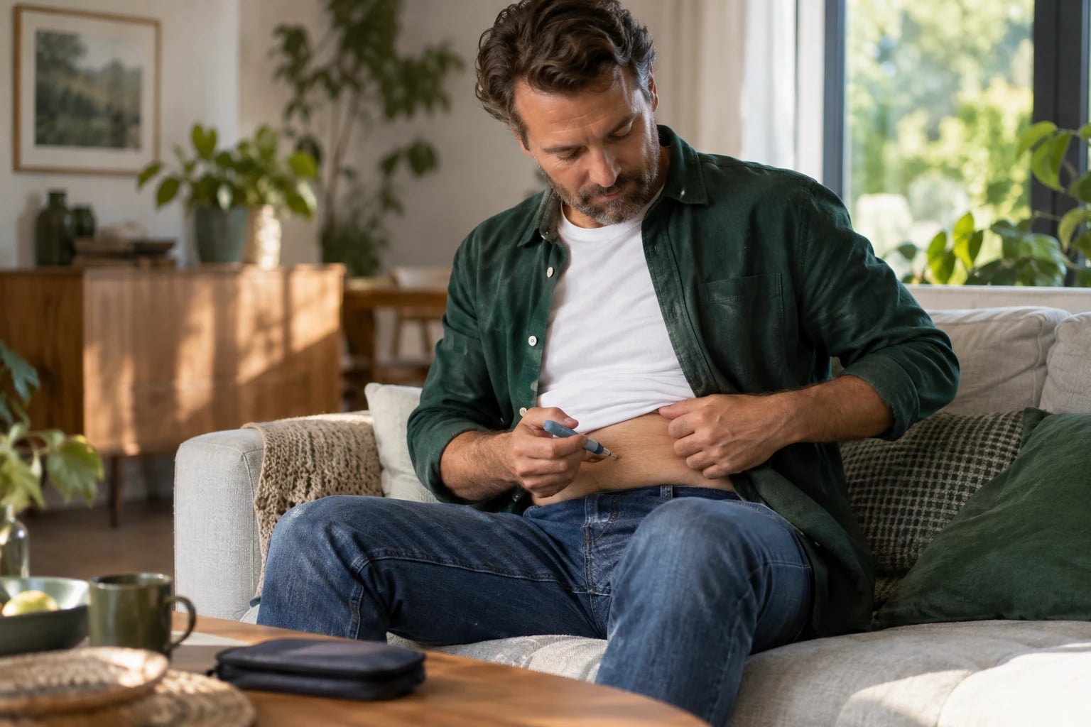 scene of a man using an insulin pen at home