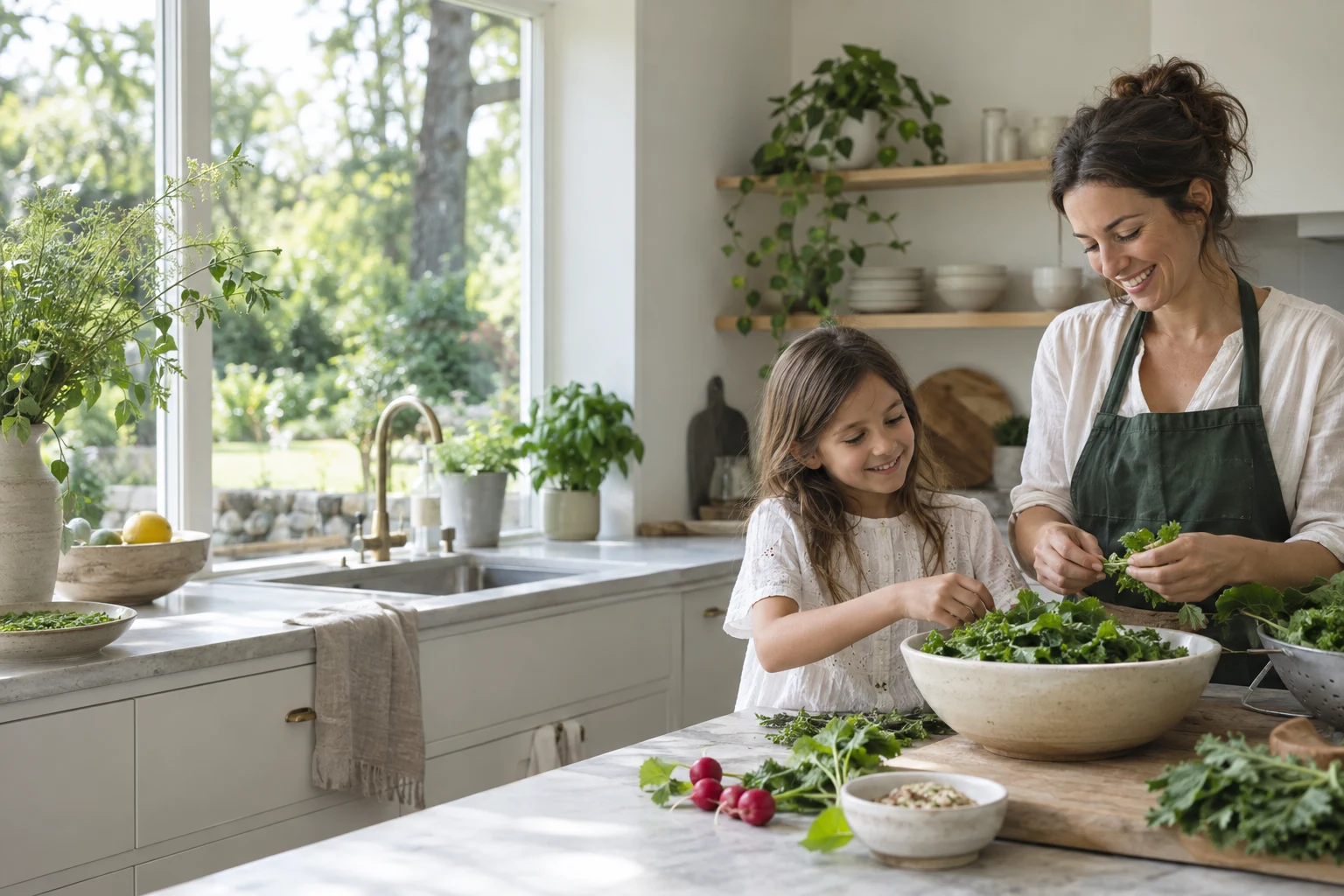 Illustrative family scene of a mother and daughter preparing fresh food together