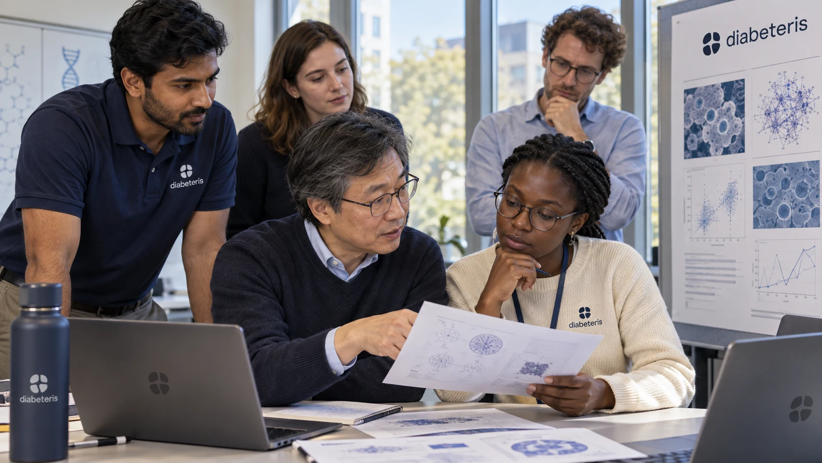 University research collaboration reviewing scientific diagrams