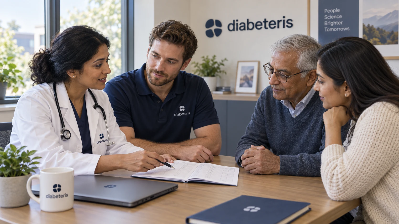 doctor-office conversation with a physician, Diabeteris collaborator, older man and daughter reviewing an illustrative diary