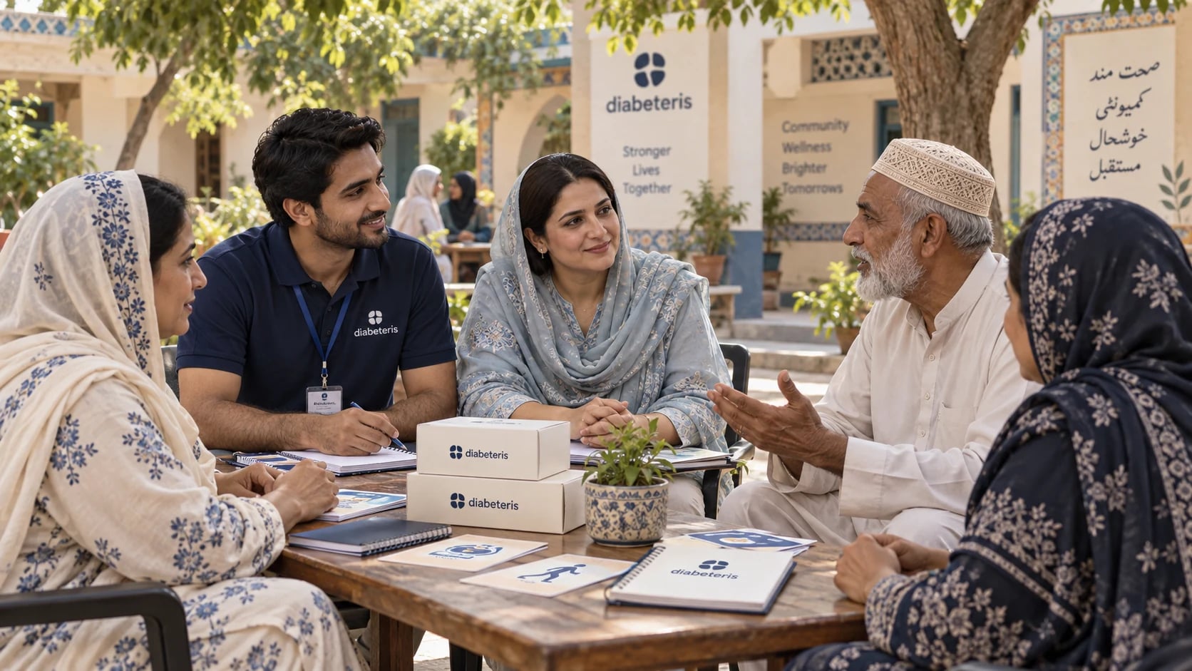 group education session in a Pakistani-style community courtyard, with a Diabeteris volunteer, local facilitator, adults and branded educational boxes