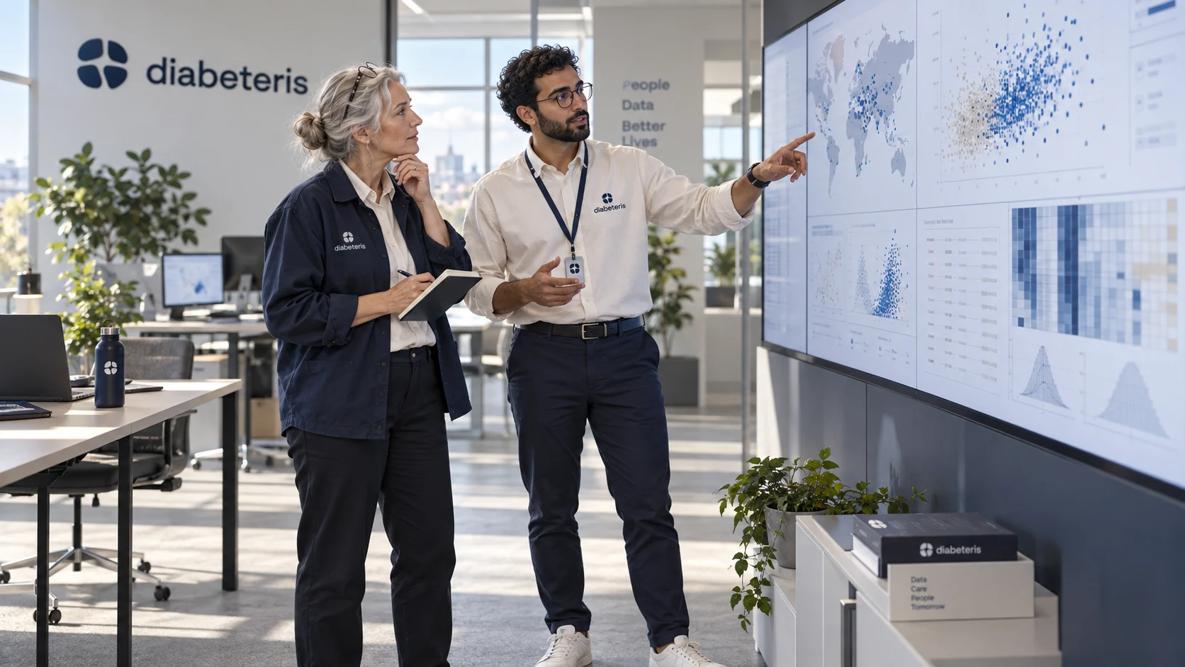 Data scientists reviewing example diabetes research charts and a world map
