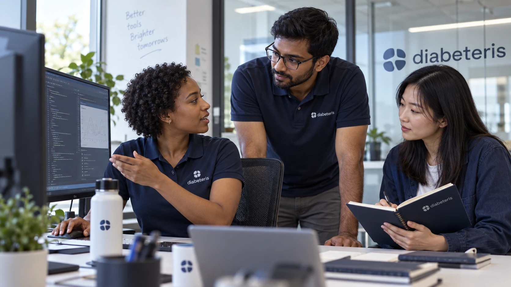 Engineers in Diabeteris shirts reviewing code and an illustrative research graph