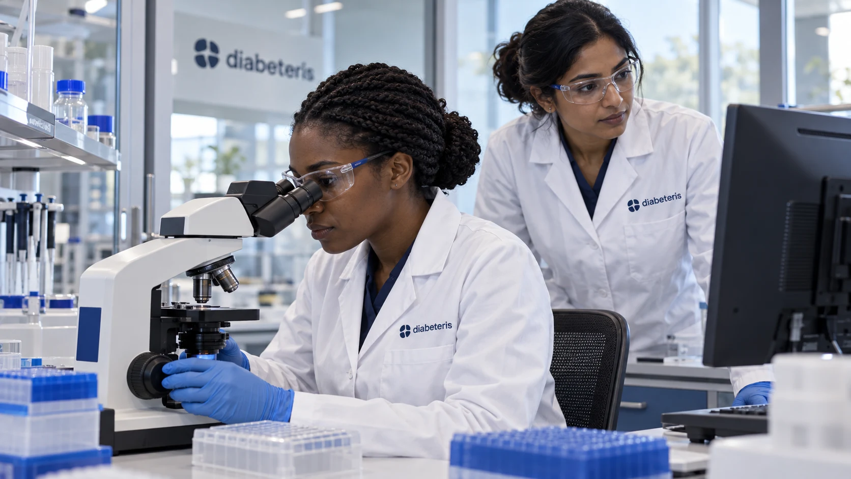 scientists in branded laboratory coats and safety glasses working at a microscope