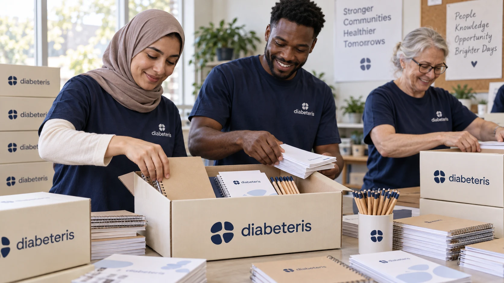 volunteers packing branded educational resource boxes with notebooks, leaflets and pencils
