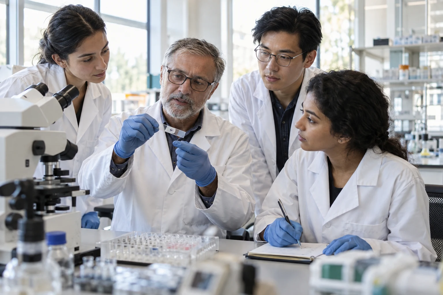 university laboratory scene with a scientist and graduate students reviewing a specimen