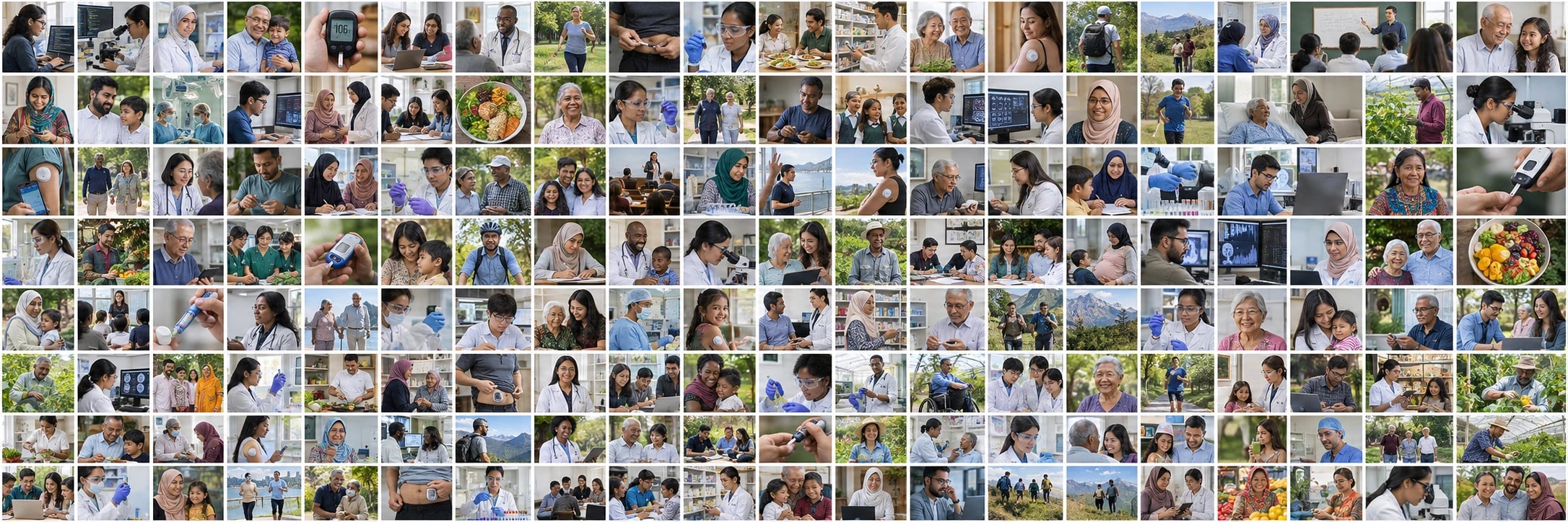 photographic mosaic of engineers, scientists, clinicians and people across cultures, with and without glucose sensors